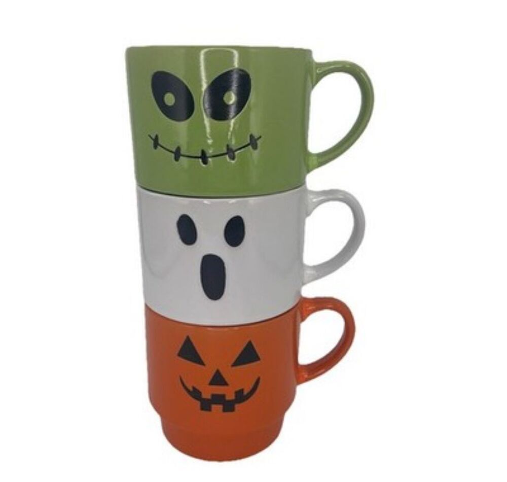 Halloween Stackable Mug‎ Set 3pc Ghost Frankenstein Jack-o'-lantern